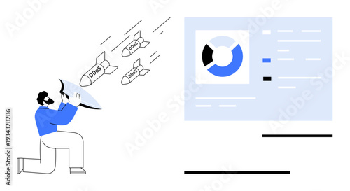 Cybersecurity concept. Cybersecurity illustrated as a human defending against DDoS and malware threats targeting a digital interface. Cybersecurity ensures protection for data integrity and systems