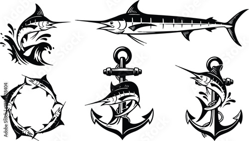 Graphic black and white marlin illustration set showing close up swordfish head and leaping marlin around anchor wreath and long marlin silhouette tattoo style bold