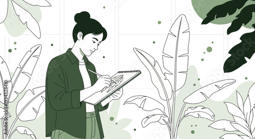 Artist Drawing Tropical Leaves in Sketchbook, Surrounded by Greenery