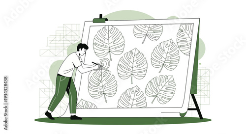 Artist Drawing Tropical Monstera Leaves Pattern on Canvas