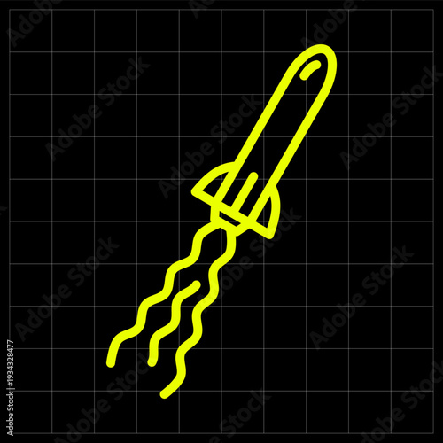 Tactical Rocket Launch Icon with Smoke Trail for Missile Defense Systems. Glowing line art of a rocket being launched for military technology blogs or security application interfaces
