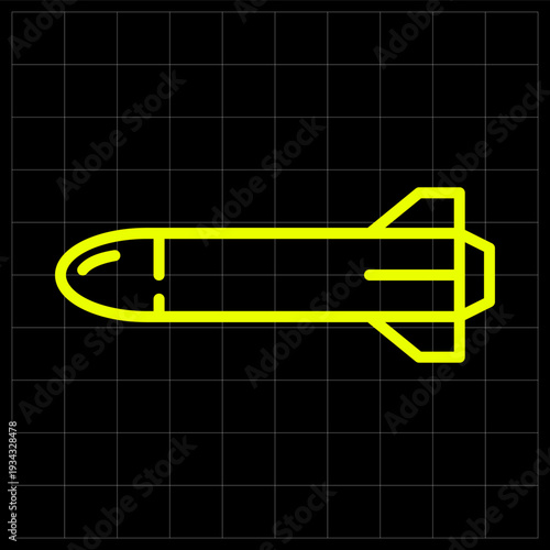 Long Range Ballistic Missile Icon for Tactical Defense and Military Armament. Minimalist neon line art of a ballistic rocket for defense technology apps or military infographics