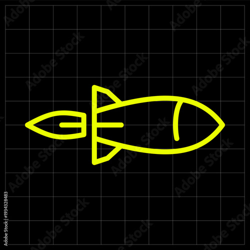 Flying Cruise Missile Icon with Propellant Flame for Tactical Air Strike. Dynamic neon line art of a cruise missile in flight for military simulation or gaming icons
