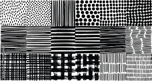 Hand drawn black and white texture panel showing varied brush dot stripe and grid patterns close up for seamless background and graphic design reference modern artwork