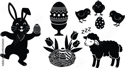 Playful silhouette easter illustration close up rabbit holding decorated egg lamb sleeping chicks surrounding patterned eggs nest with tulips spring holiday black and white cute vector