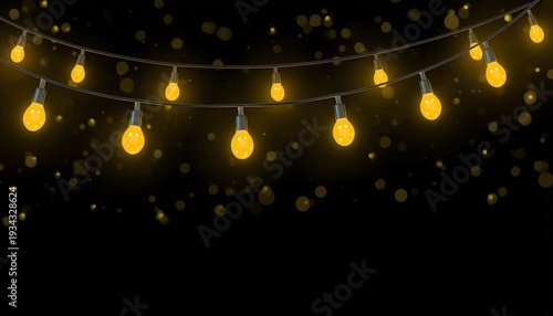 A string of yellow light bulbs hanging against a dark background with bokeh lights