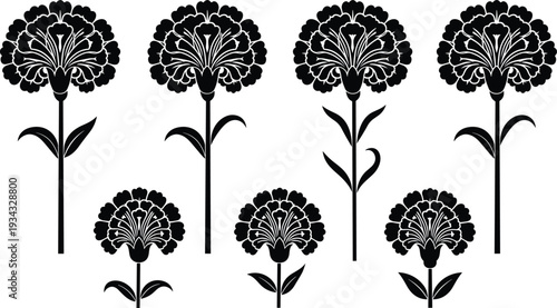Set of ornamental floral carnation silhouettes with decorative stems and blooming petals for traditional patterns isolated on white background, cad drawing flat vector illustration