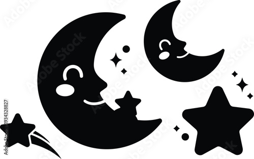 Whimsical smiling moon pair with stars and shooting star flat black silhouette on white background close up playful night nursery illustration vector icon set isolated simple