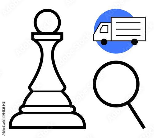 Chess pawn, magnifying glass, and delivery truck representing strategy, analysis, logistics, leadership, planning, problem-solving and transportation. Ideal for business insights or logistics