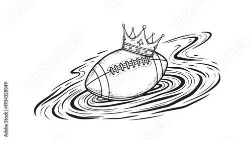 American football with crown in water illustration in black and white sketch for sports royalty