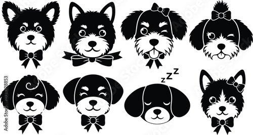 Vector cute dog faces set eight black silhouette icons with bows sleeping wink close up flat pet portrait collection for stickers modern minimal graphic studio displayed