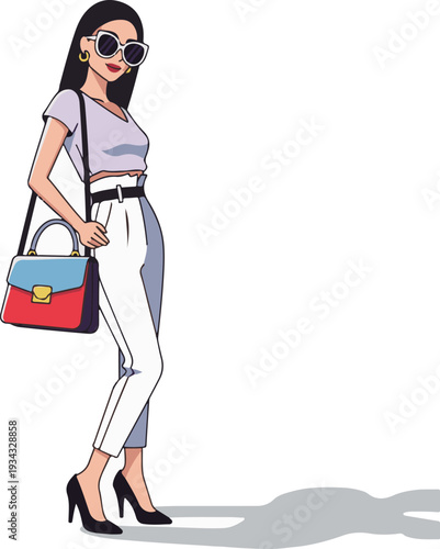 A fashionable cartoon woman wearing sunglasses and holding a handbag