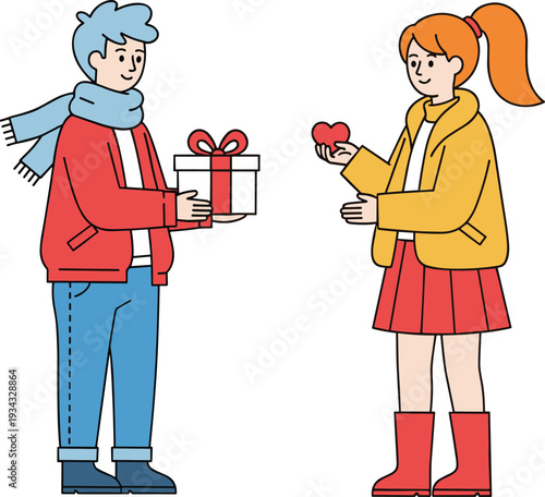 Cartoon couple exchanging gift and heart on white background woman