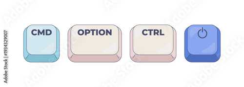 CMD Option CTRL Power computer keyboard shortcut. Forced quit all applications and perform system shutdown. Hotkey combo buttons for pc and laptop. Fast software efficiency. Flat vector illustration