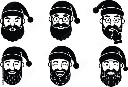 Flat black santa head icons set six variations with beards winking faces glasses mitten hand close up simple christmas avatar illustrations minimal monochrome vector style smiling