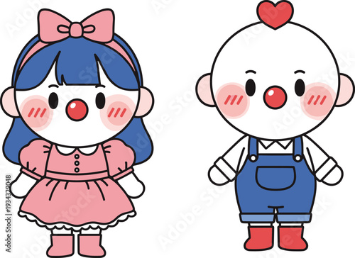 Cartoon girl and boy with red noses and rosy cheeks