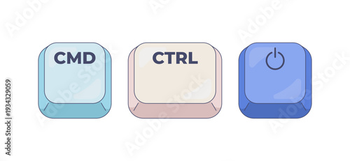 CMD CTRL Power computer keyboard shortcut. Forced system restart reset. Device reboot. Troubleshooting. Hotkey combo buttons for pc and laptop. Fast software efficiency. Flat vector illustration