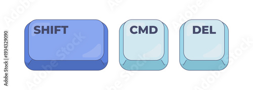 Shift CMD Delete computer keyboard shortcut. Empty trash. System cleanup. File removal. Deleted items folder. Hotkey combo buttons for pc and laptop. Fast software efficiency. Flat vector illustration