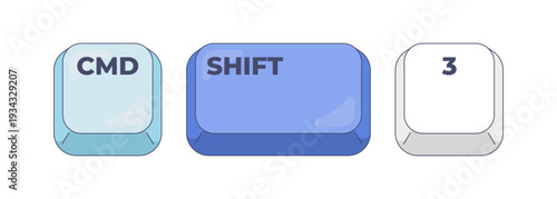 Command Shift 3 computer keyboard shortcut. Entire screen screenshot tool. Display image capture fully. Hotkey combo buttons for pc and laptop. Fast software efficiency. Flat vector illustration