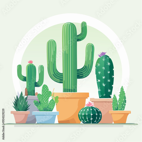 Various cactus plants and flower in pots, showcasing desert ecology, vector illustration