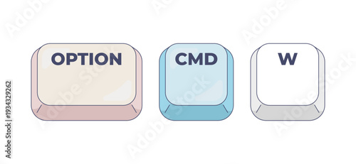 Option Command W computer keyboard shortcut. Close all open windows and folders in application. Web browser. Hotkey combo buttons for pc and laptop. Fast software efficiency. Flat vector illustration