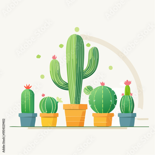 Various potted cactus plant species with flower blooming in ecology vector illustration