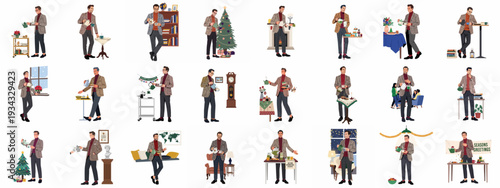 A man enjoying tea or coffee in various cozy and festive settings, celebrating holidays and everyday moments, illustration collection.