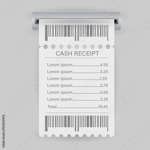 3D illustration of a paper cash receipt with barcode coming out of a payment terminal slot. Minimalist design for financial transactions, billing, retail shopping, and expense tracking concept.