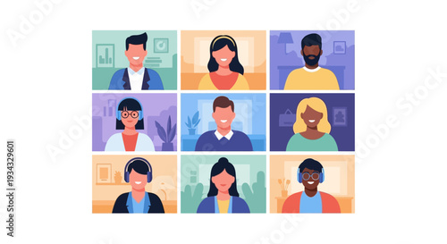 Diverse Virtual Team on Video Conference Call Grid. Online Meeting, Remote Work, Telecommuting & Remote Collaboration Illustration
