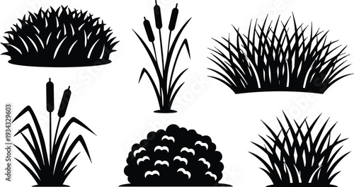 Silhouette vector close up of cattail reed and grass clumps arranged in six isolated shapes on white background bold graphic composition top view varying heights silhouettes
