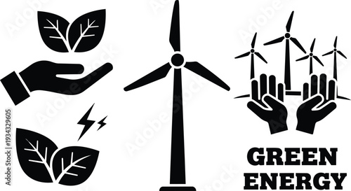 Minimalist black icons wind turbine and hands holding leaves with green energy text isolated on white background close up vector silhouette centered horizontal high contrast symbol