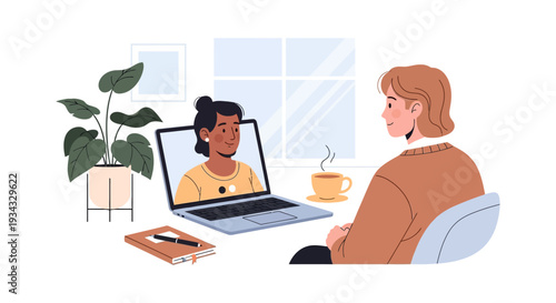 Two Women on a Video Call Illustration: Virtual Meeting, Online Learning, Remote Work, and Global Communication