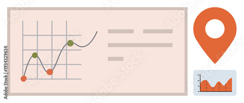 Data analysis, business intelligence, statistics, geolocation analysis, performance tracking, market trends. Graph with data points and geolocation pin. Data analysis and business intelligence