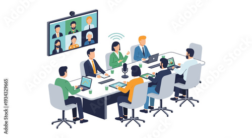 Isometric Hybrid Business Meeting with In-Person and Remote Teams. Video Conference, Collaboration, and Modern Work.