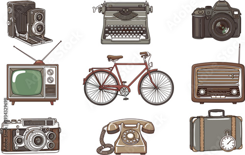 Vintage Retro Technology Collection with Camera, Typewriter, Bicycle, Television, Radio and Rotary Telephone Vector Illustration Set