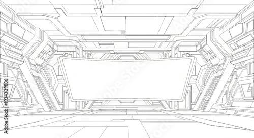 Stylized line drawing of a futuristic corridor with a large blank screen