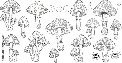 Whimsical line art mushrooms with celestial moons and mystical eyes