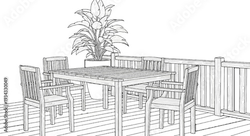 Wooden patio set with lush plant on a deck