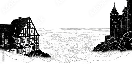 A black and white illustration depicts a village nestled below a castle and a historic building