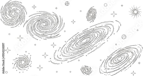 A black and white illustration of various spiral galaxies, star-like shapes, and celestial dots