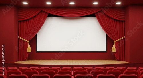 Empty theater stage with red curtains and seats.