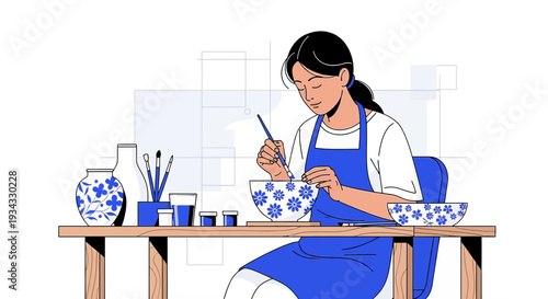Artist Painting Floral Designs on Ceramic Bowls and Vases