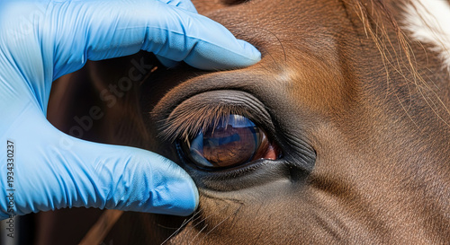 Veterinarian examining horse's eye with gloved hand during check-up  