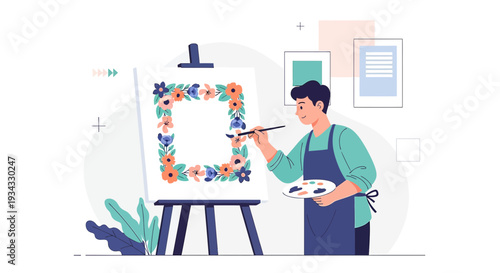Artist Painting Floral Frame on Canvas, Creative Art and Design Concept