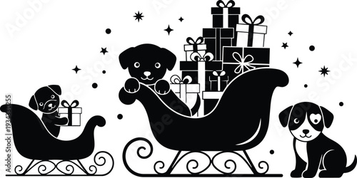 Festive silhouette low angle sleigh with puppy peeking from large sleigh full of stacked gifts and small puppy in tiny sleigh next to sitting dog christmas