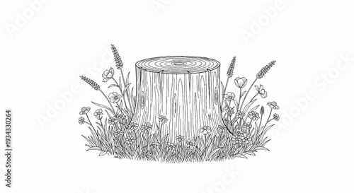 A detailed drawing of a tree stump surrounded by grass and wild flowers