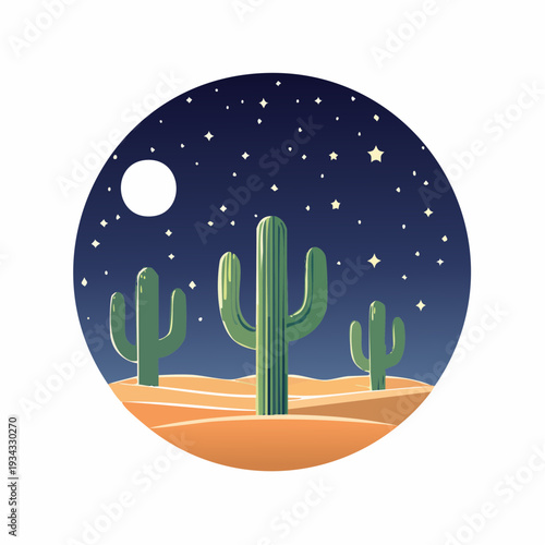 Vector illustration of cactus, plant, flower in desert ecology under night sky with stars