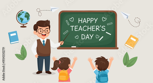 Happy Teacher's Day illustration with cartoon teacher and students.