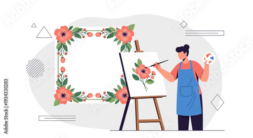 Artist painting floral frame on canvas, creative process, art and craft concept