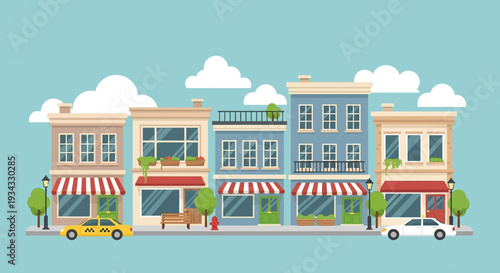 Colorful illustration of a row of shops with cars parked outside on a sunny day.